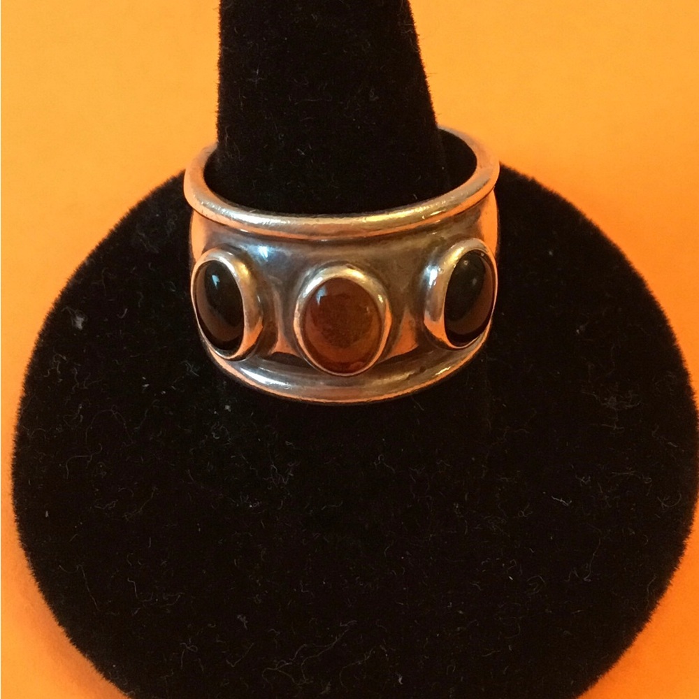 Vintage Sterling Silver 925 Joseph Esposito Black Onyx & Amber Ring, size 8.5